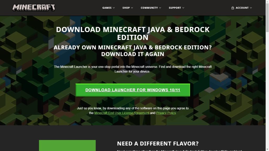 Gambar tampilan download Minecraft pada situs resmi