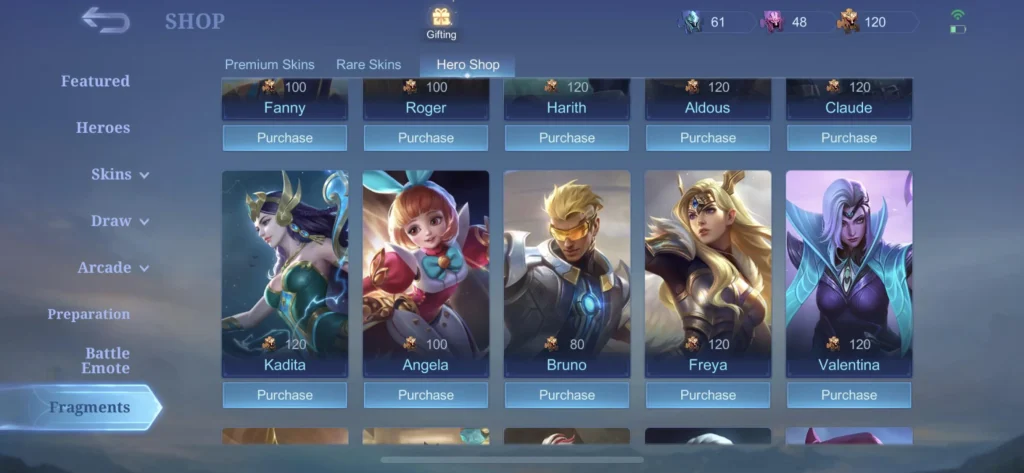 screenshot dari shop di mobile legends menunjukkan opsi pembelian freya sebagai salah satu cara dapat hero freya di mobile legends