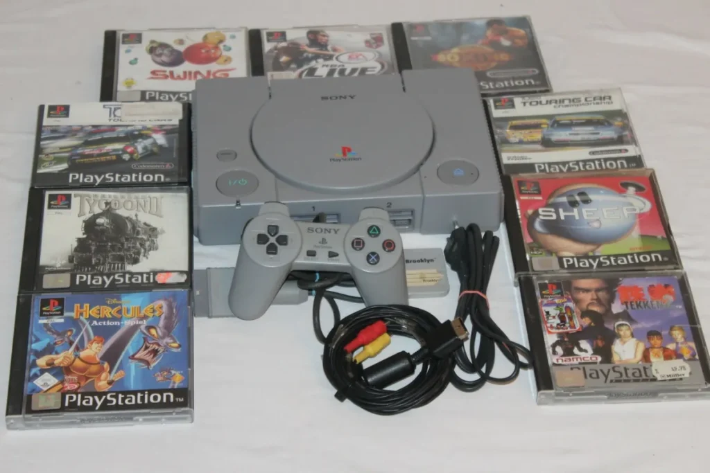 Ilustrasi konsol PS1 dengan koleksi game nostalgia