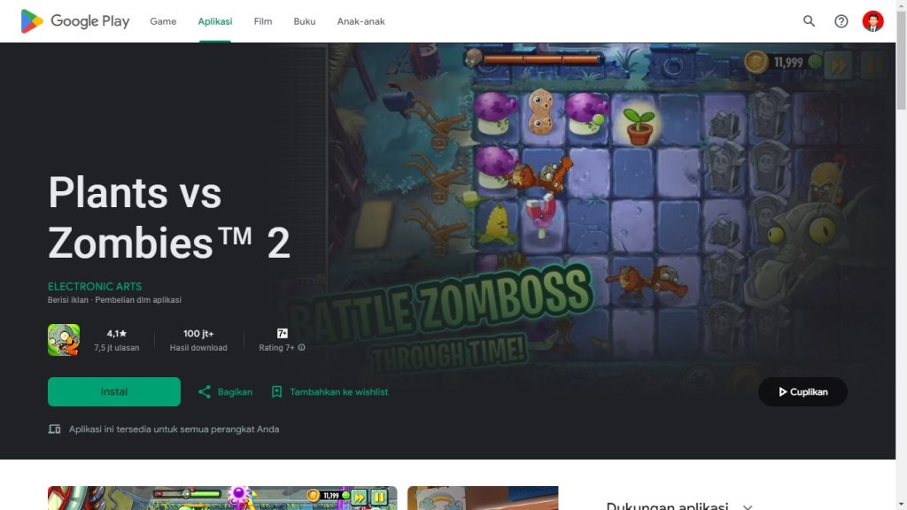 Screenshot halaman download Plants vs Zombies 2 di situs resmi atau platform terkait